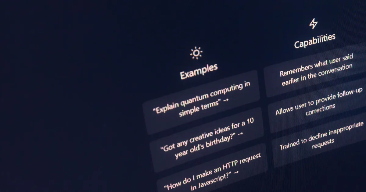 Generic AI assistant example prompts and capability descriptions displayed on a dark screen