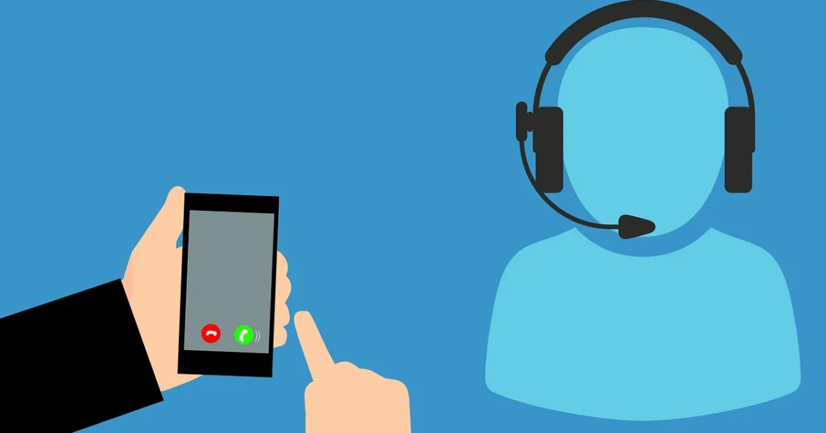 Illustration of an incoming call on a phone with a headset-wearing support agent silhouette