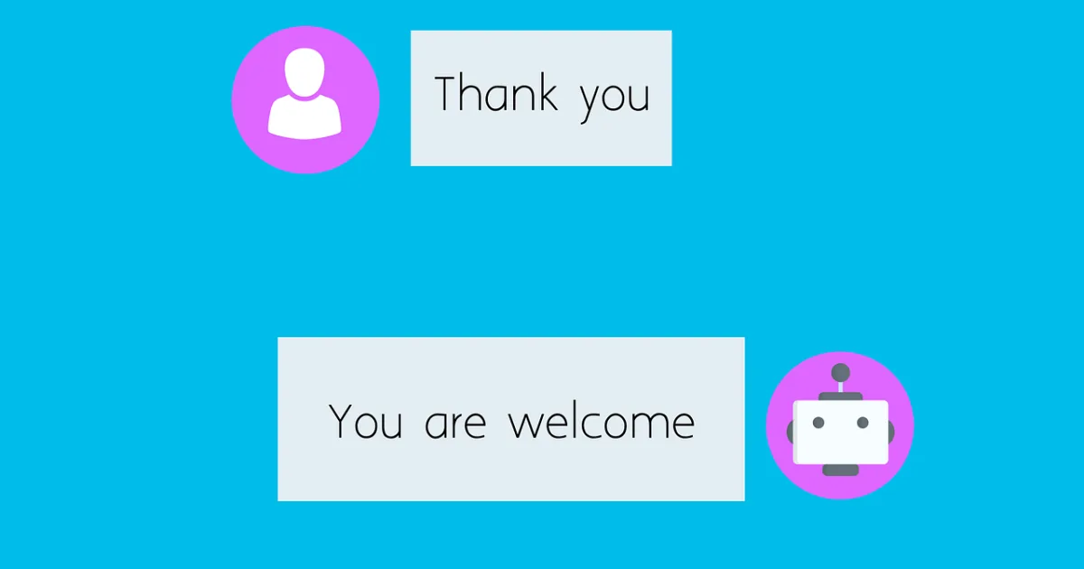 Illustration of a customer and an AI chatbot exchanging "Thank you" and "You are welcome"