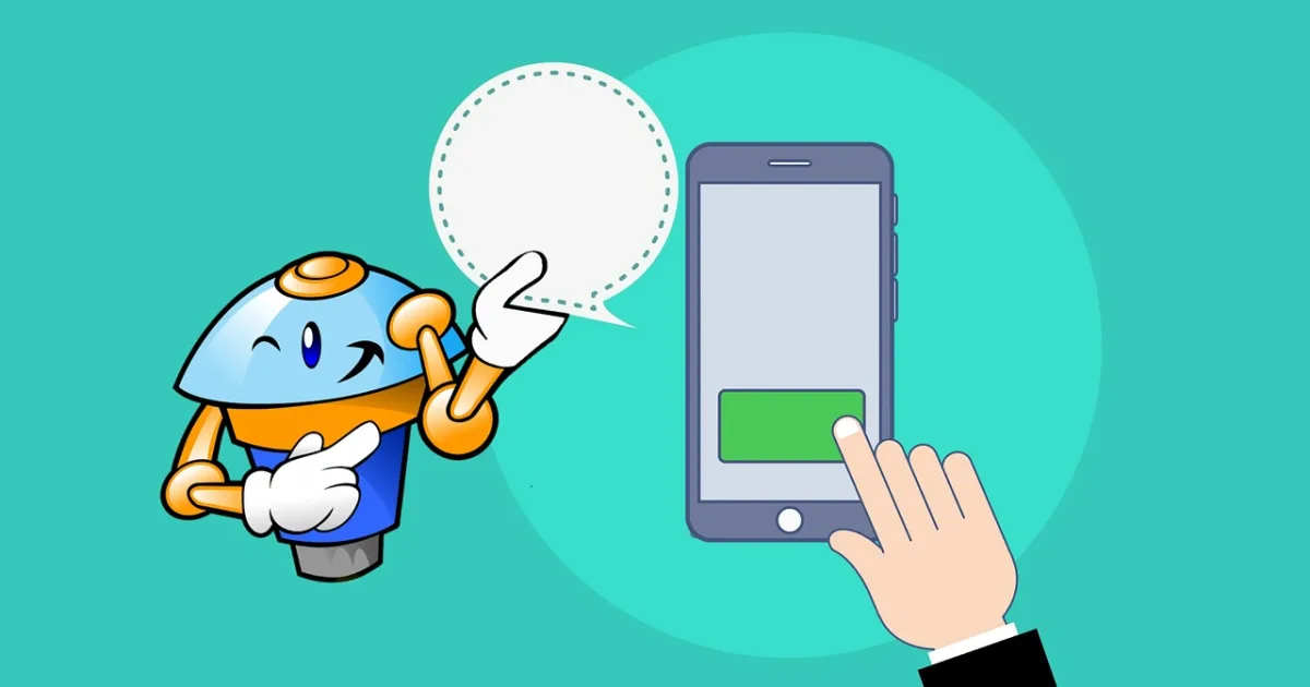 Illustrated chatbot robot character pointing at a smartphone with a speech bubble