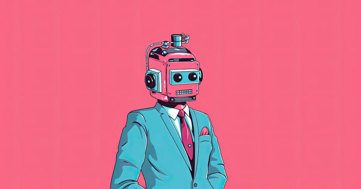 Illustration of a businessman with a robot head, representing an AI assistant in the workplace