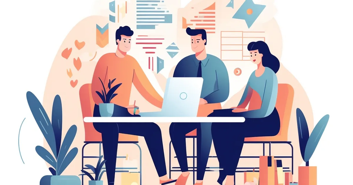 Illustration of three colleagues collaborating around a laptop with charts and data icons floating above