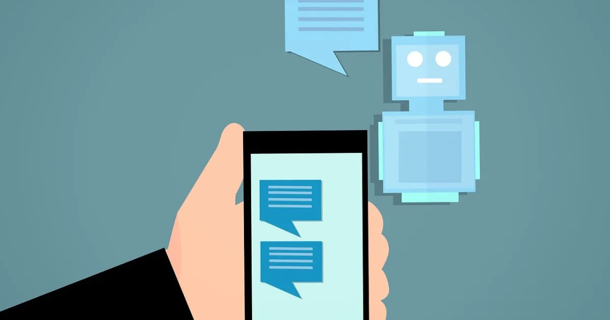 Illustration of a hand holding a phone with chat bubbles, with an AI robot character replying