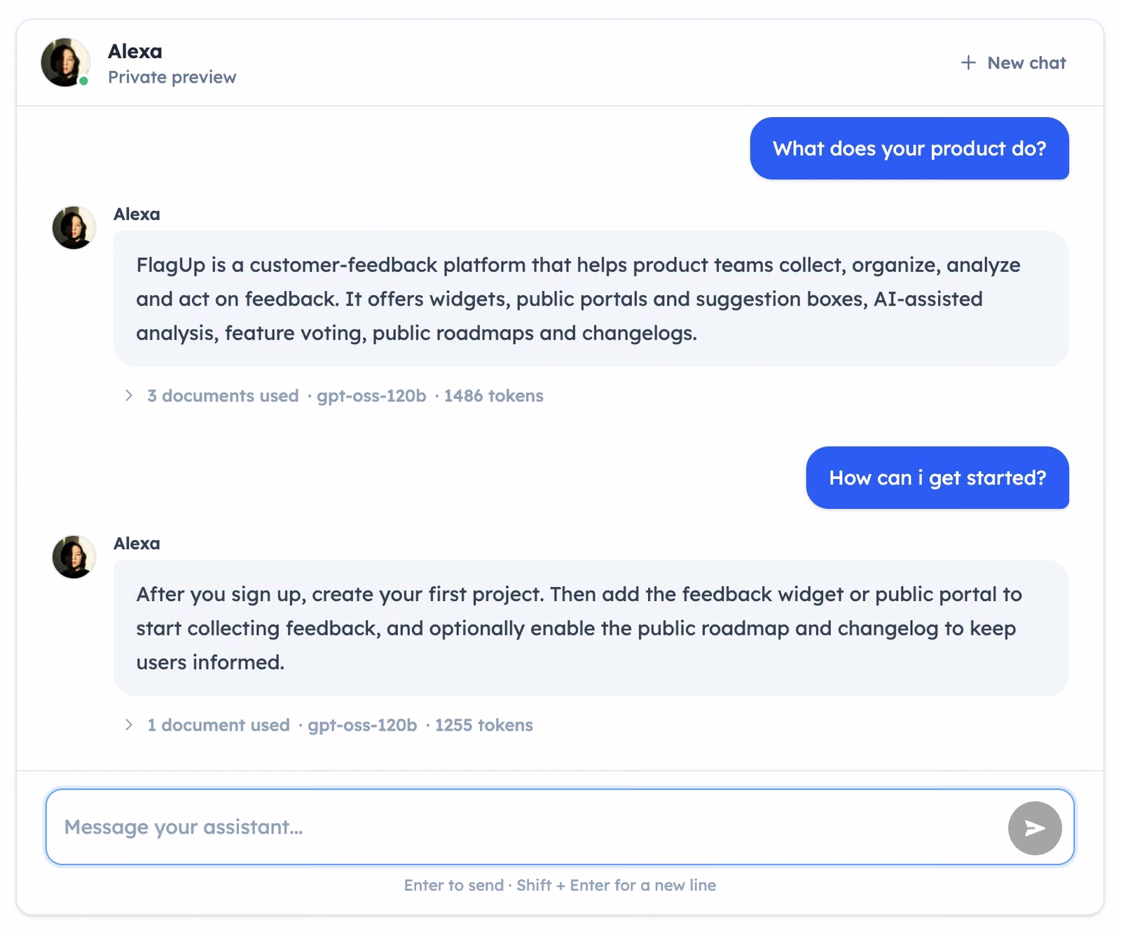 FlagUp assistant preview answering a question about the product, showing the documents used, the model, and the token count behind each answer