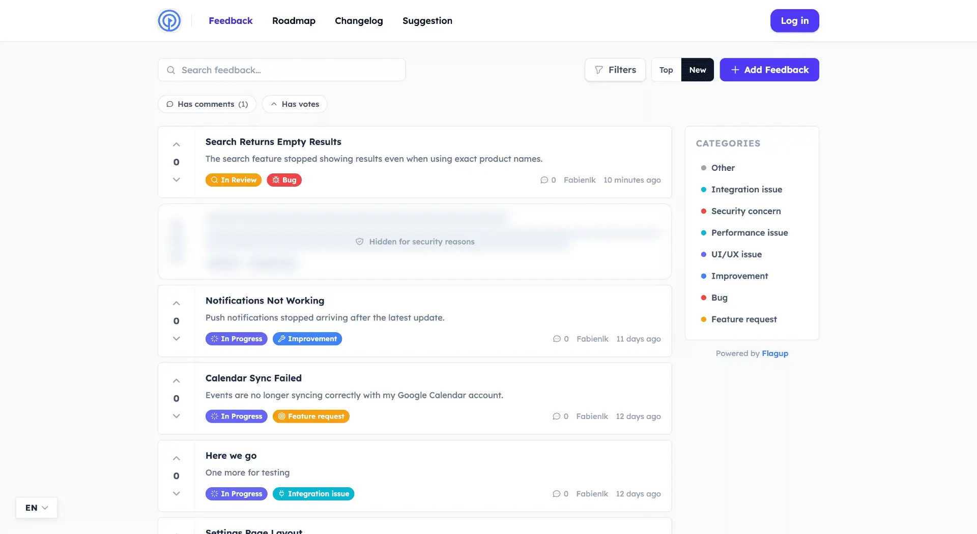 FlagUp — public product portal showing roadmap, votes, and feature statuses